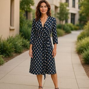 Chic Navy Patterned Wrap‎ Dress
